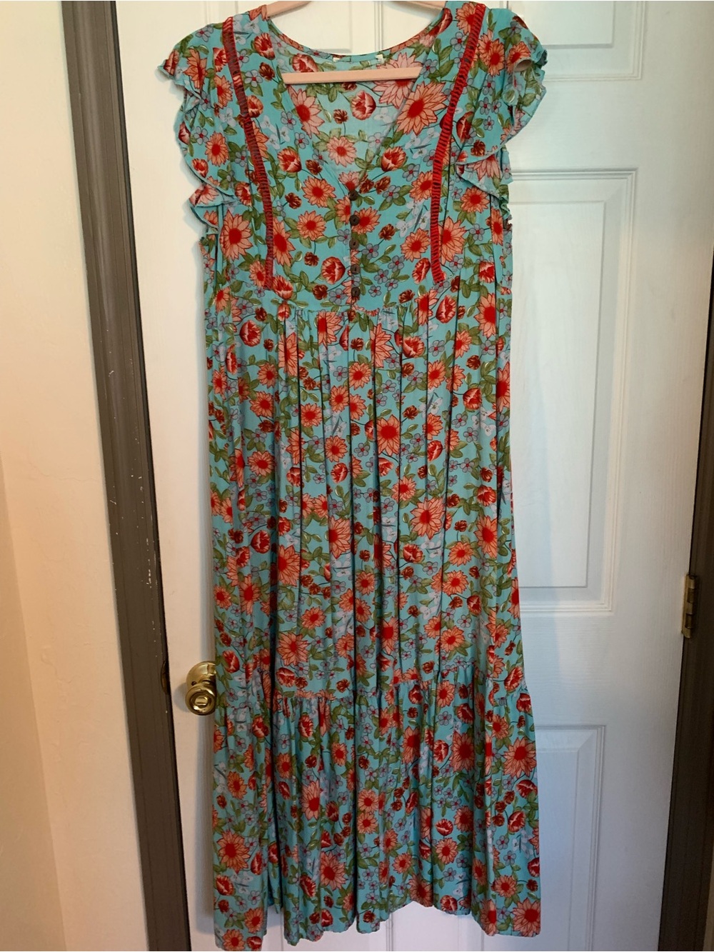 Women’s Floral Ruffle Sleeve Dress in Aqua with Red Flowers